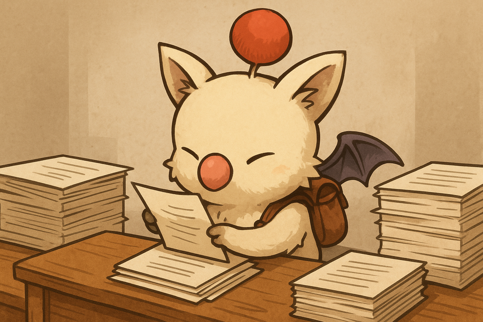 A moogle looking through documentst